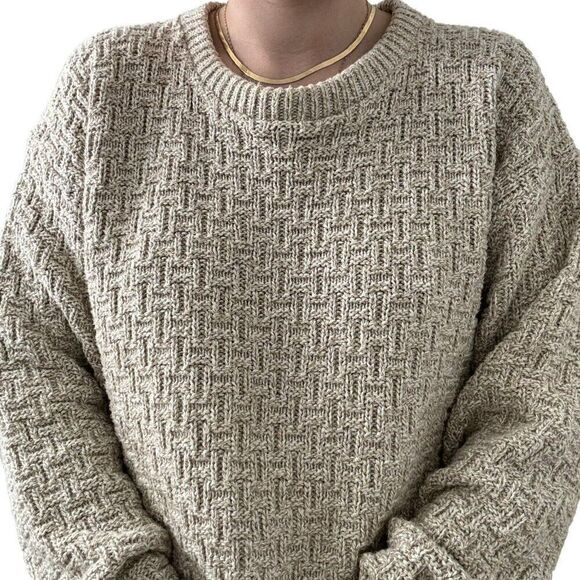 Vintage 1990s Eddie Bauer Beige Tan Crewneck Chunky Cotton Sweater Made in USA - Picture 3 of 8
